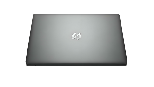 Gray laptop closed, with a white stylized emblem on the lid