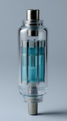 Transparent vacuum tube with blue interior and metal connectors on gray background