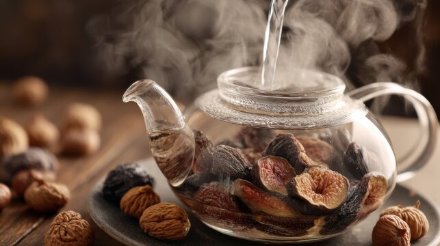 Steaming herbal tea with dried figs and walnuts in glass teapot on wooden tray