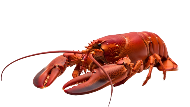 Steamed, bright red lobster with large claws on a black backdrop