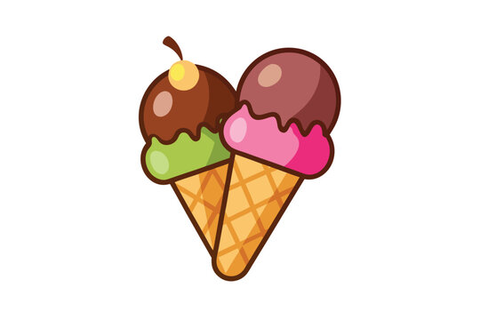 Vector Cartoon Ice Cream Cone with Two Scoops and Topping