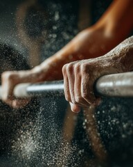 Close-up of female athlete’s hands gripping barbell, chalk dust in air, intense training focus, indoor CrossFit gym, hyperrealistic texture, vertical composition