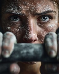 Close-up of female athlete’s hands gripping barbell, chalk dust in air, intense training focus, indoor CrossFit gym, hyperrealistic texture, vertical composition