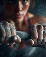 Close-up of female athlete’s hands gripping barbell, chalk dust in air, intense training focus, indoor CrossFit gym, hyperrealistic texture, vertical composition