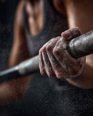 Close-up of female athlete’s hands gripping barbell, chalk dust in air, intense training focus, indoor CrossFit gym, hyperrealistic texture, vertical composition