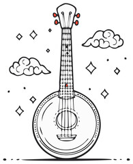 Whimsical line art illustration of a banjo with clouds and stars