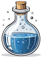 Cartoon drawing of clear flask containing blue liquid and cork stopper with floating bubbles around it