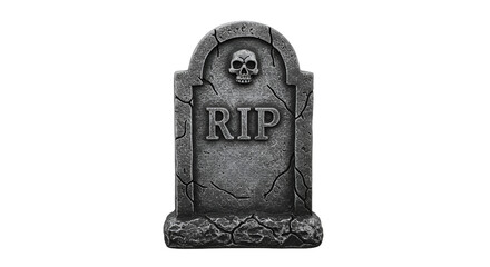 Weathered Grey Tombstone with Skull and Rip Engraving on Dark Background