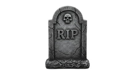 Weathered Grey Tombstone with Skull and Rip Engraving on Dark Background