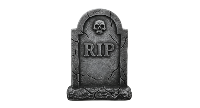 Weathered Grey Tombstone with Skull and Rip Engraving on Dark Background