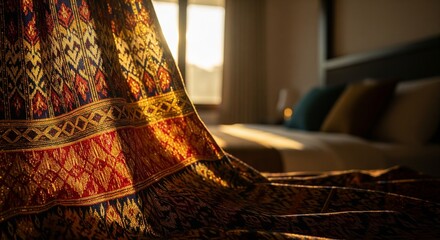 Luxurious Thai silk fabric with gold patterns draped over a bed in a warmly lit room with a window showing daylight, creating a serene ambiance.