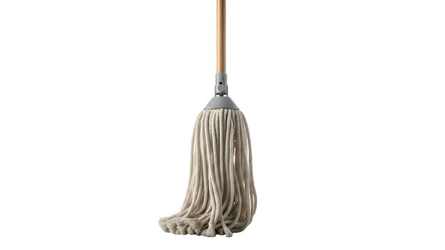 String mop, wooden handle, white fibers, clean, on black background
