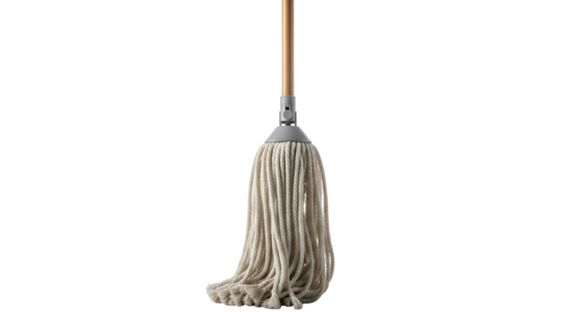 String mop, wooden handle, white fibers, clean, on black background