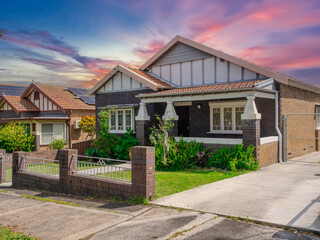 Beautiful colours of a Spring Sunset over Residential houses in inner Sydney suburb of Ashbury NSW Australia Double Brick federation house western sydney 
