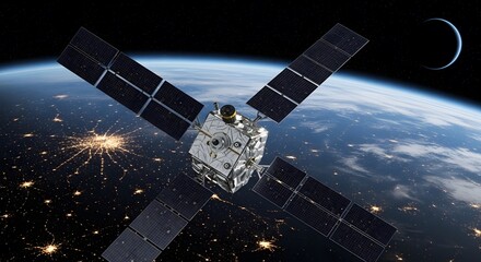 Satellite Orbiting Earth with Reflective Solar Panels in Ultra-Realistic Cinematic Space Scene
