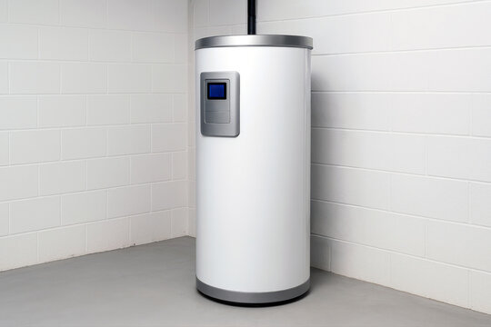 Modern cylindrical water heater in white utility basement.