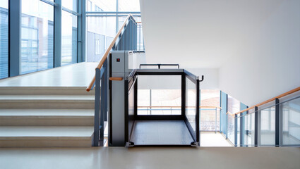 Wheelchair platform lift at modern staircase in bright public building.