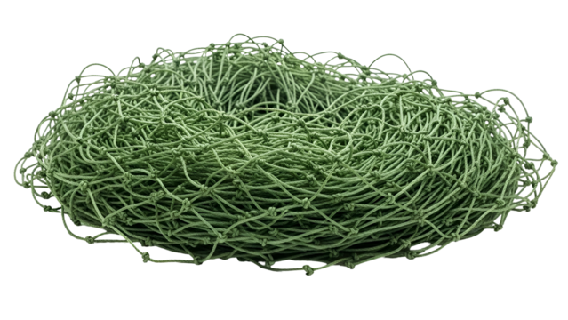 Knotted green netting, irregular, tangled, and textured