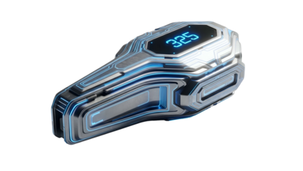 Sleek, futuristic device with glowing blue display on black