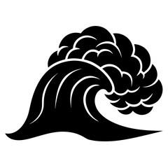 Stylized black silhouette of a powerful ocean wave breaking with white foam and white background