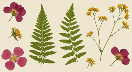Beautiful Pressed Flowers Fern Leaves and Yellow Blooms Arrangement