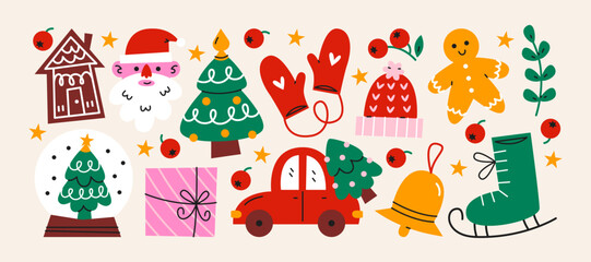 Obraz premium Christmas stickers in retro cartoon style. Holiday new year elements: gifts, candy canes, wreaths. Snowman, reindeer, car with presents, festive sweets. Illustration in retro cartoon style
