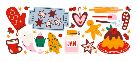 Obraz premium Christmas baking illustration with gingerbread cookies, candy canes, rolling pin, whisk, cupcake and gingerbread house. Traditional holiday pastry for New Year celebration. Doodle vector pastry set