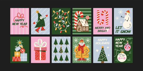 Obraz premium Christmas new year posters in cartoon style. Holiday gifts, santa, christmas tree, coziness. Holiday seasonal vector postcards in retro groovy style. picture for wall and for printing 