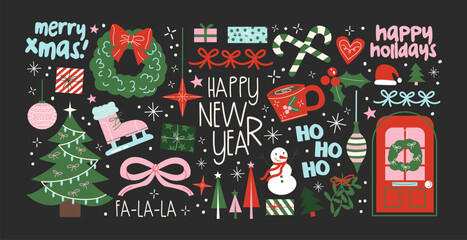 Obraz premium Christmas stickers in retro cartoon style. Holiday new year elements: gifts, candy canes, wreaths. Snowman, reindeer, car with presents, festive sweets. Illustration in retro cartoon style