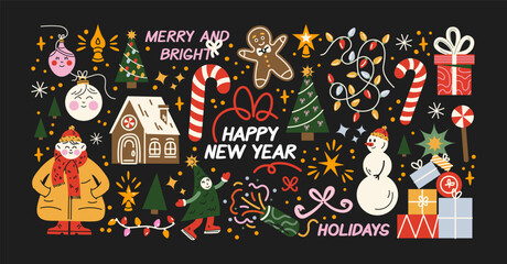 Obraz premium Christmas stickers in retro cartoon style. Holiday new year elements: gifts, candy canes, wreaths. Snowman, reindeer, car with presents, festive sweets. Illustration in retro cartoon style