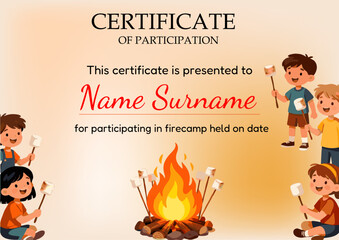 A4 vector certificate for firecamp participation featuring warm gradient, cartoon kids with marshmallows, and campfire illustration. Perfect for outdoor events, kids’ camps, and activity awards.