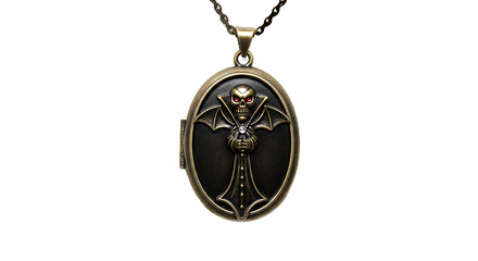 Detailed Brass Vampire Skull Locket with Glowing Red Eyes and Cape