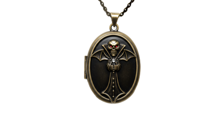 Detailed Brass Vampire Skull Locket with Glowing Red Eyes and Cape