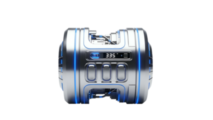 Futuristic metallic device with blue light accents on black background