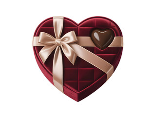 Heart shaped gift box featuring a rich burgundy velvet texture, a champagne ribbon, and an embedded chocolate heart.