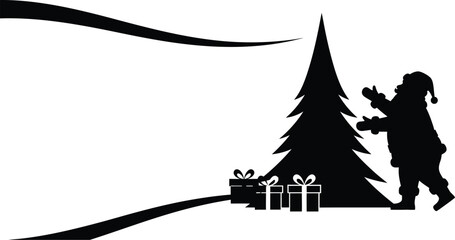 Silhouette of santa claus with christmas tree and gift boxes editable stock