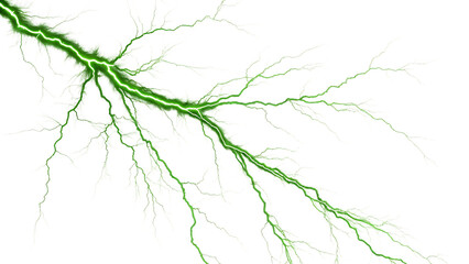 Vibrant green lightning bolt isolated on transparent background, showcasing the raw power and beauty of atmospheric electrical discharges