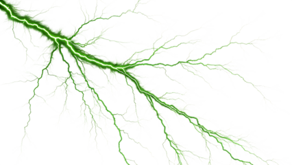 Vibrant green lightning bolt isolated on transparent background, showcasing the raw power and beauty of atmospheric electrical discharges