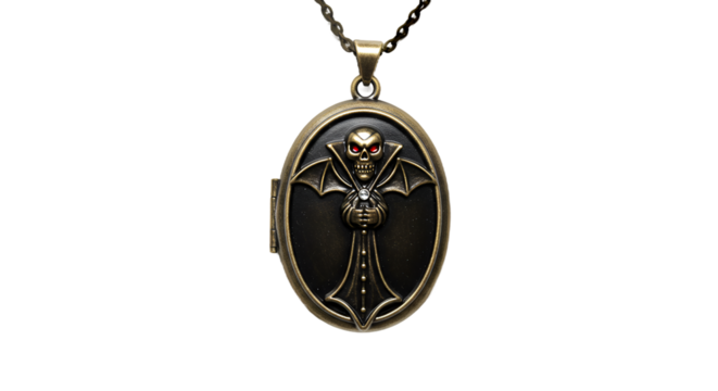 Detailed Brass Vampire Skull Locket with Glowing Red Eyes and Cape