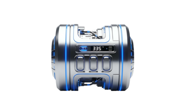 Futuristic metallic device with blue light accents on black background