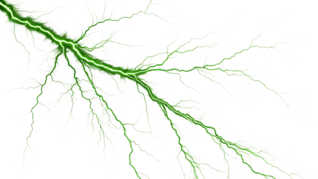 Vibrant green lightning bolt isolated on transparent background, showcasing the raw power and beauty of atmospheric electrical discharges - Powered by Adobe