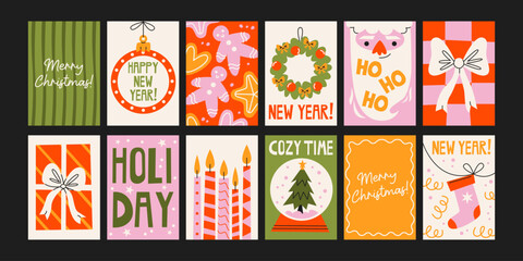 Christmas new year posters in cartoon style. Holiday gifts, santa, christmas tree, coziness. Holiday seasonal vector postcards in retro groovy style. picture for wall and for printing  © Limpreom