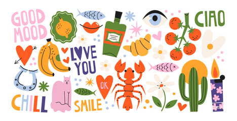 Obraz premium Retro hippie stickers 90s. Cartoon bright psychedelic elements, funky shapes, animals,fruits, vintage. Trendy doodle labels, patches, stamps 