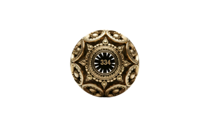 Ornate golden sphere with central numeric display on black