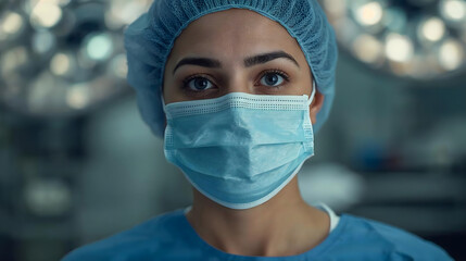 Close up portrait of a surgeon wearing a surgical mask and cap