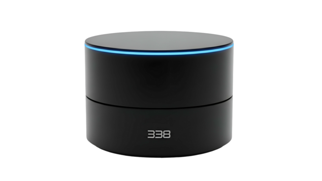 Black cylinder device with blue ring light and number