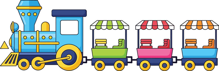 Cartoon illustration of a colorful train with passenger cars editable stock