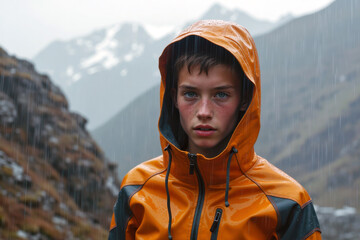 Teen in orange rain jacket standing outdoors in mountain rain.