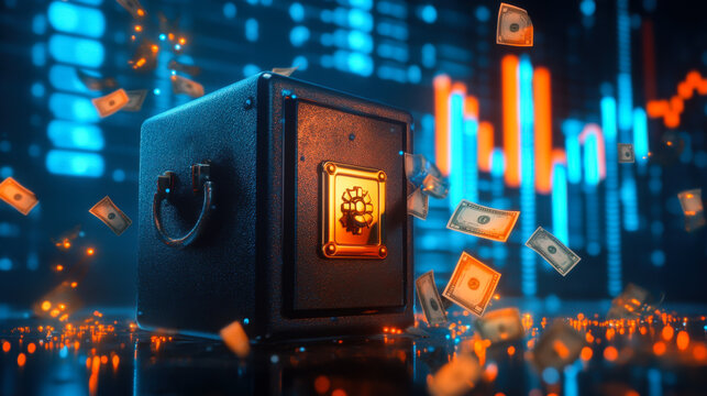 Secure digital vault surrounded by floating currency notes and fluctuating graphs in a modern financial environment