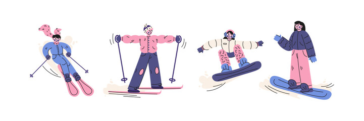 Fototapeta premium Winter sports characters skiing and snowboarding in retro cartoon style. Skiers with poles, snowboarders in motion, winter outfits. Seasonal mountain activity set for sport design lifestyle
